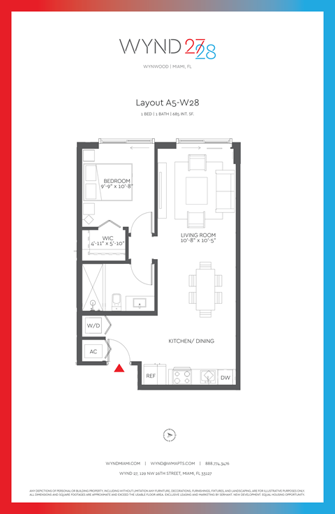 Floor plan for 1 bed, 1 bath, 685 sqft